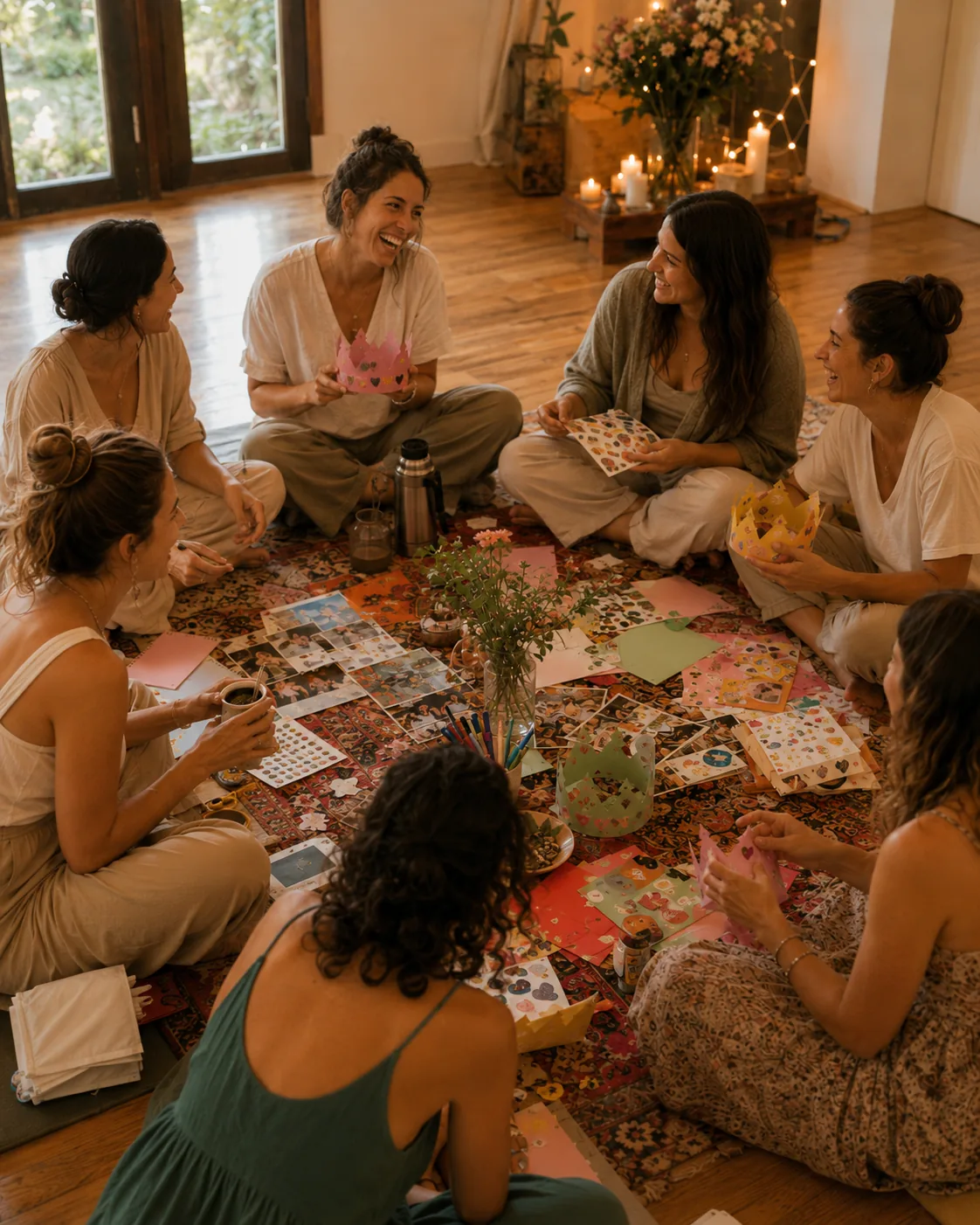 Mujeres compartiendo en ronda, sentadas en el piso en una atmósfera cálida y creativa