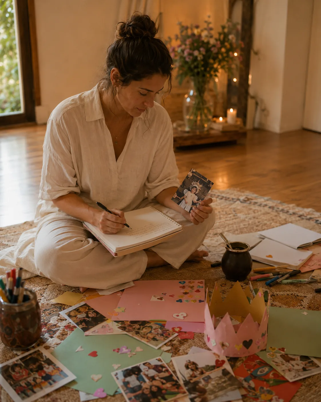Mujer escribiendo en un cuaderno mientras mira una foto en un espacio íntimo y cálido