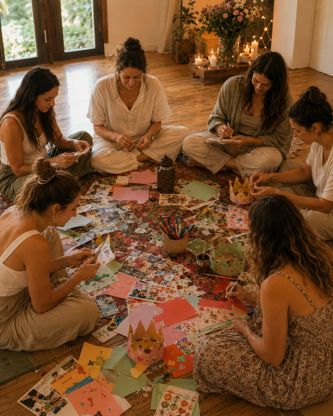 Grupo de mujeres abrazadas y sonrientes en una ronda íntima