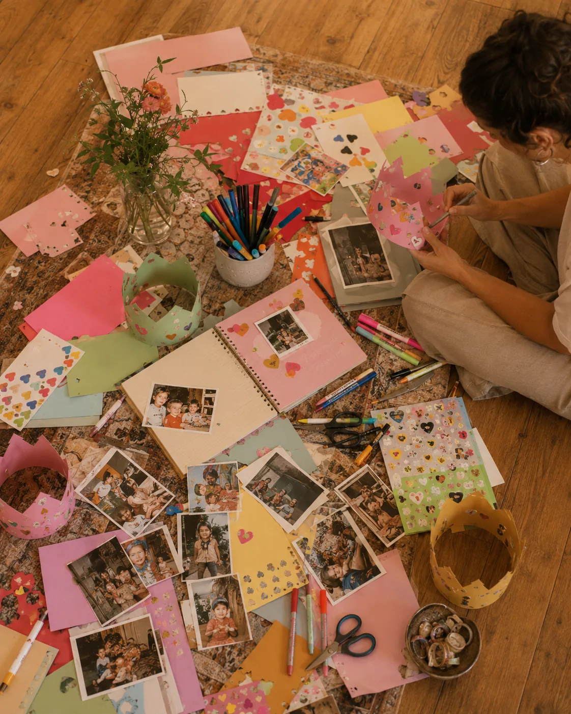 Materiales creativos, fotos, cuaderno, marcadores y velas sobre una alfombra cálida