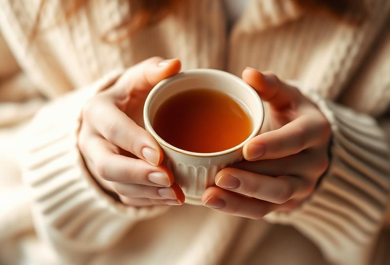 Manos sosteniendo una taza de té tibio
